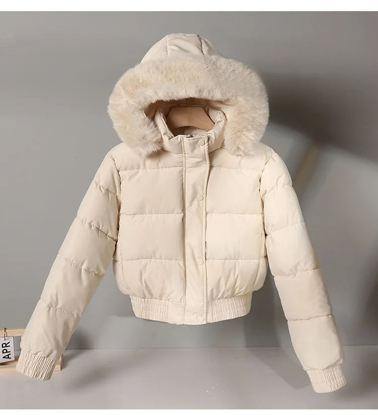 Parka corti invernali da donna, abbigliamento imbottito in cotone, capi esterni più spessi con interno in velluto, cappotti con collo in pelliccia e cappuccio removibile, giacche calde.