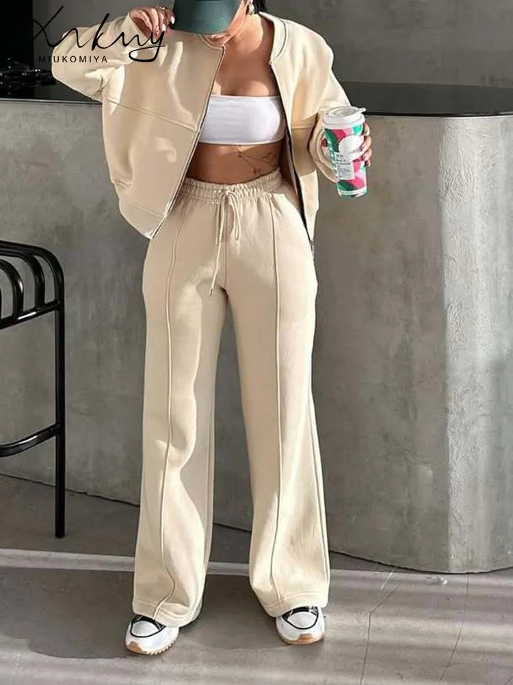 Abito caldo per le donne Pantaloni sportivi Set Inverno 2 pezzi Giacca e pantaloni in pile spesso con cerniera Set Tuta da donna in velluto per le donne