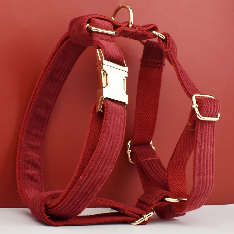 Set Collare e Guinzaglio per Cani in Corduroy Rosso Vino con Targhetta Personalizzata Incisa, Accessori per Animali Domestici