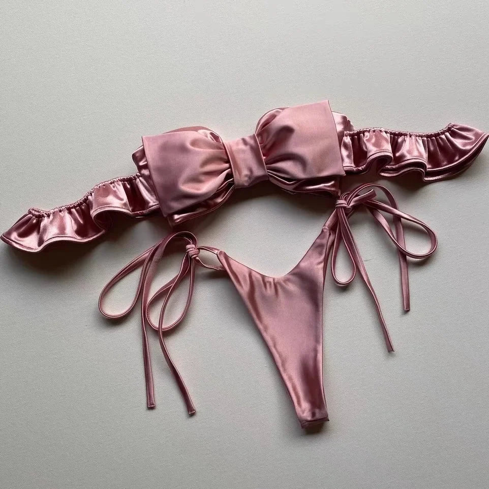 Sexy 2-teiliger rosa Bandeau-Bikini 2024 Damen Bademode Tanga-Badeanzug Große Schleife Bikinis Rüschen Koreanische Strandbekleidung Y2K Badeanzug