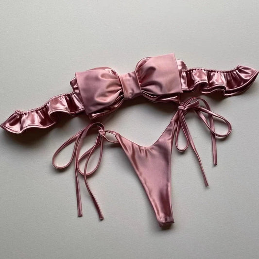 Maillot de bain bikini sexy 2 pièces rose bandeau 2024 pour femmes, string, maillot de bain, bikinis grand nœud, volants, style coréen, Y2K