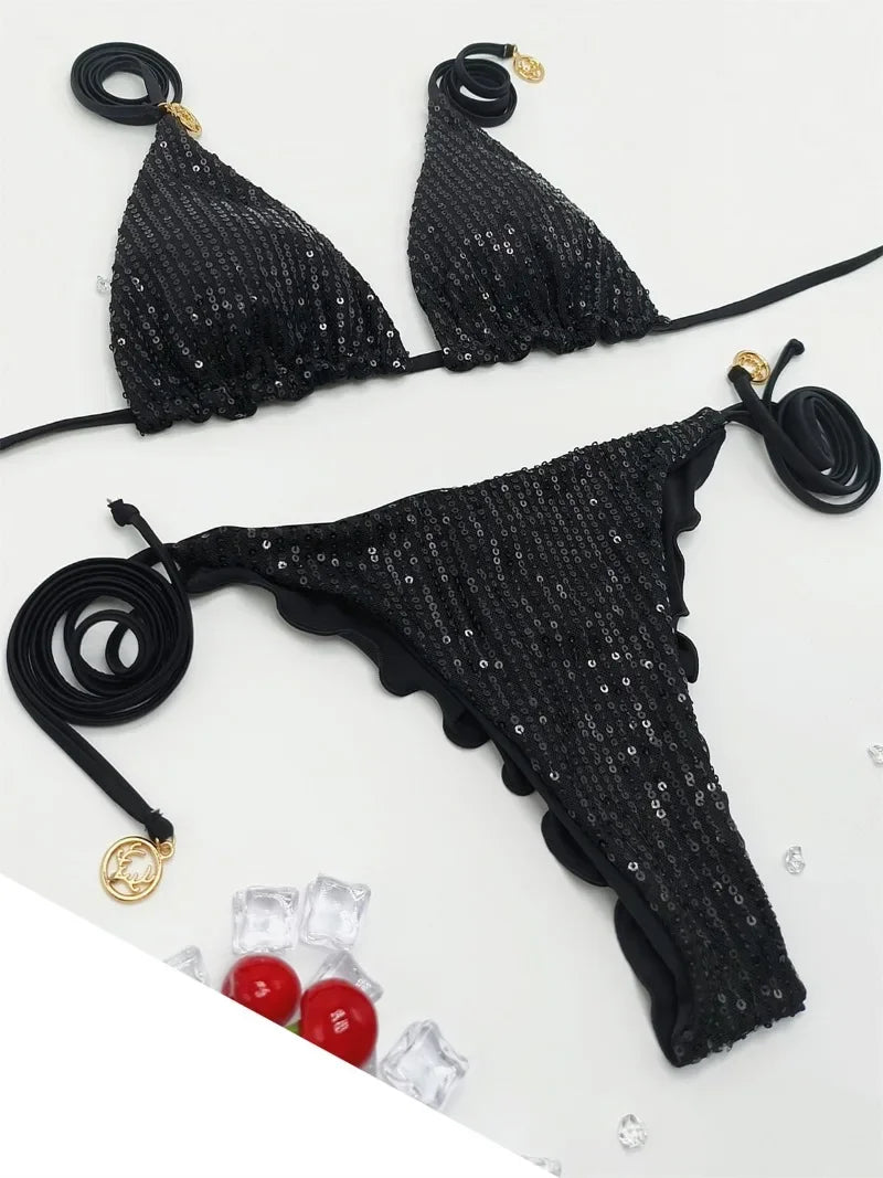 Solid Bikini Sexy Swimsuit Halter Swimwear Bathing Suit Women  Bikini Set Beach Wear Shiny Bikni Sets