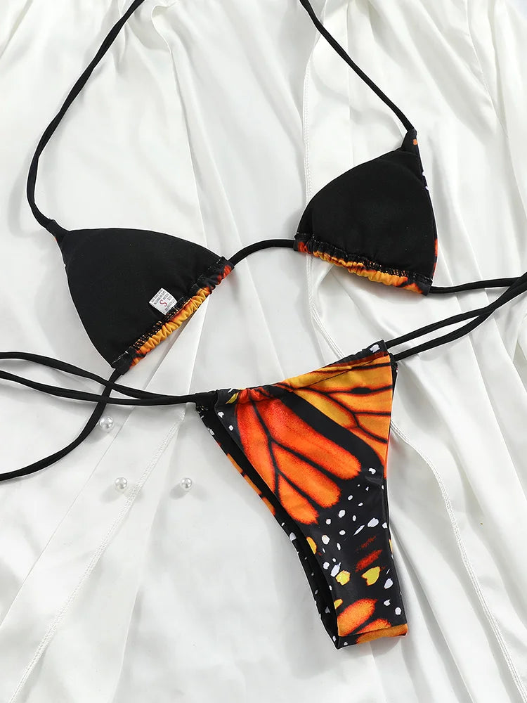 Maillots de bain sexy pour femmes, bikinis papillon, maillot de bain imprimé, tenue de plage triangulaire, maillots de bain à bandage, micro biquini