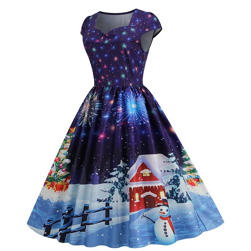 Abiti natalizi per donna Winter Pinup Rockabilly Abito da festa sexy cosplay Abito da ballo da cocktail con stampa di neve di Babbo Natale