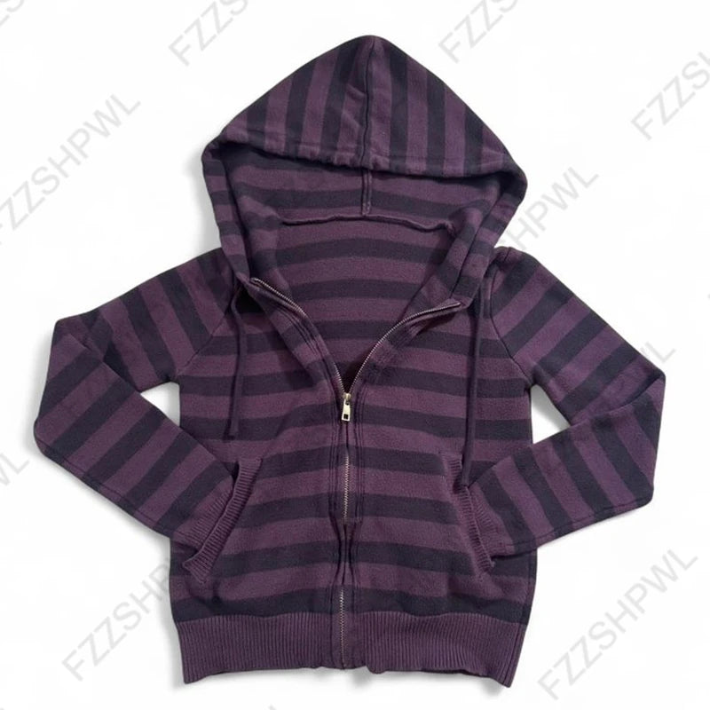 Felpa con cappuccio da donna Harajuku Vintage Y2K Felpa cardigan a righe casual chic slim fit sexy Grunge Punk Hip Hop Streetwear femminile