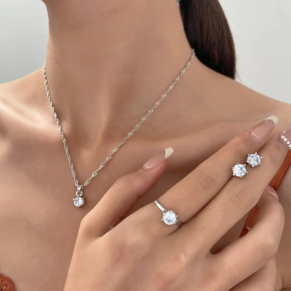 Parure de bijoux élégante en cristal 5 pièces, collier, bracelet, boucles d'oreilles et bague en zircone, parure de bijoux simple, tendance et polyvalente