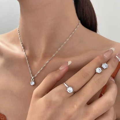 Parure de bijoux élégante en cristal 5 pièces, collier, bracelet, boucles d'oreilles et bague en zircone, parure de bijoux simple, tendance et polyvalente