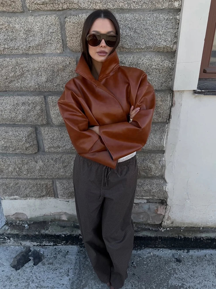 Cappotto da donna ampio a tinta unita, a maniche lunghe, con collo alto, top corto, moda estiva autunnale 2026, capospalla femminile streetwear