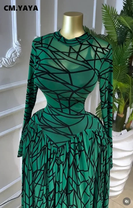 CM.YAYA Abito Lungo da Donna con Maniche Lunghe e Stampa, Collo Tondo, Vestito Maxi 2026 per Serate, Compleanni, Vacanze, Feste Sexy e Club
