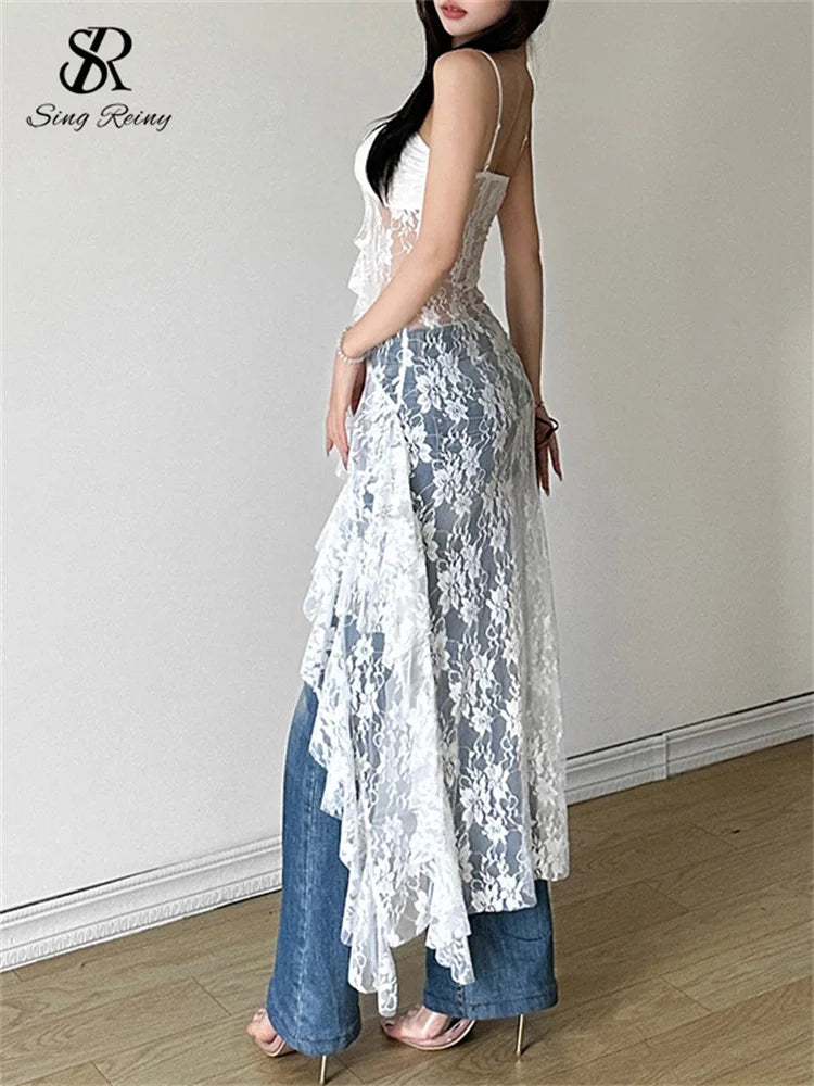 SINGREINY Abito lungo irregolare in pizzo da donna Camis Tubino Sensuale Abito trasparente Moda Streetwear Scava fuori Ruffles Abiti sexy
