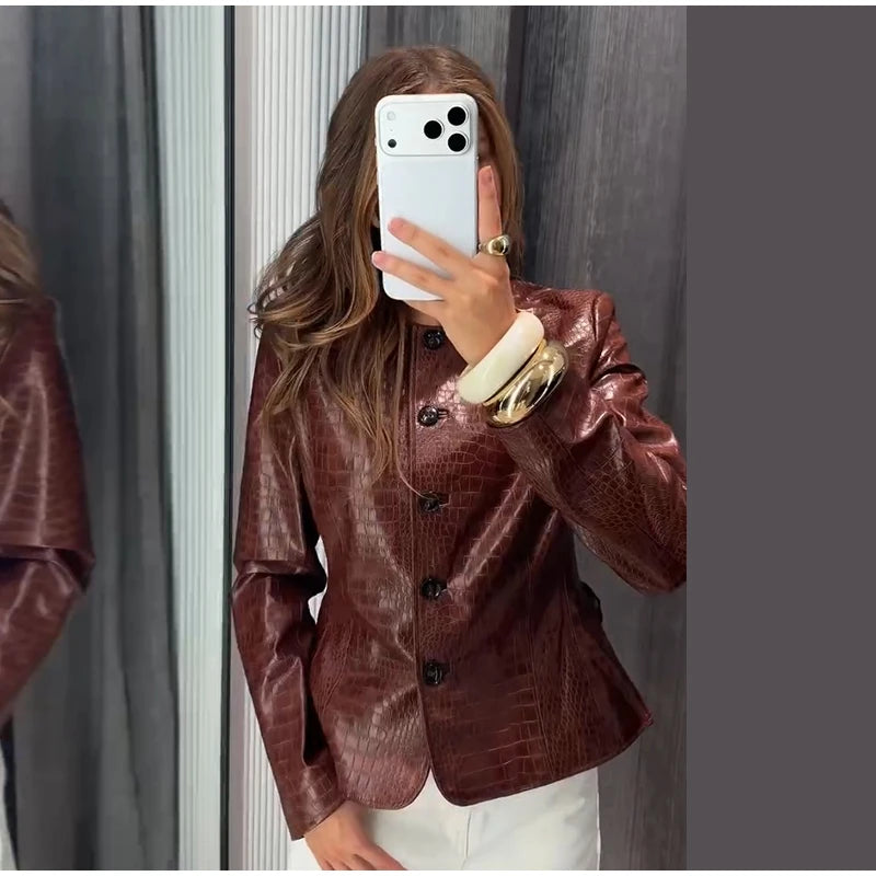 Giacca da donna in pelle PU tinta unita con colletto alla coreana e bottoni, cerniere, cappotto da donna, moda autunno 2026, capospalla femminile streetwear