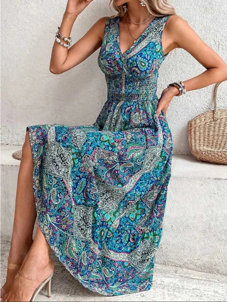 Moda senza maniche Maxi Boho Dress Donna 2024 Estate Stampa Elastico in vita Bohemian Elegante Canotta Abiti lunghi per le donne Robe Femme