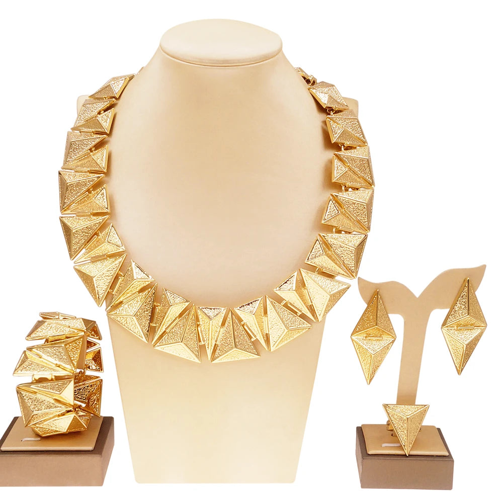 Parures de bijoux pour femmes, design personnalisé, collier plaqué or, boucles d'oreilles losanges, bague, bracelet, bijoux de mariage nigérians