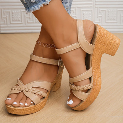 Sandales d'été à talons hauts pour femmes 2025 Sandales d'été à plateforme avec boucle à la cheville pour femmes Sandales gladiateur à talon carré en cuir PU pour femmes