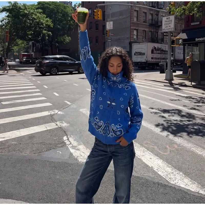 Giacca in maglia con stampa paisley per donna, colletto alto, maniche raglan, chiusura a zip, tasca frontale, cardigan autunnale 2026, giacca retrò ampia.