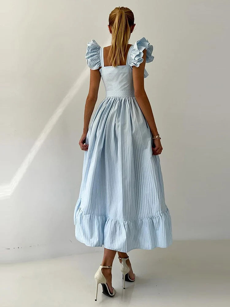 BKQU Abito lungo elegante con maniche volanti a righe con volant Abito lungo da donna chic con colletto quadrato sottile monopetto Abito lungo da festa estivo femminile