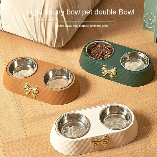 Forniture per animali domestici Papillon Bowknot Ciotola per cibo per gatti Base in PP Ciotola per cani Doppio accessorio per animali domestici in acciaio inossidabile Alimentazione Bere Doppia ciotola