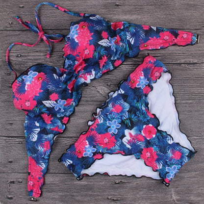 Sexy Bikini Swimsuit Womens Lettuce Floral Bathing Suit Swimwear Push Up Padded Beach Wear Swimming Suit Bikini