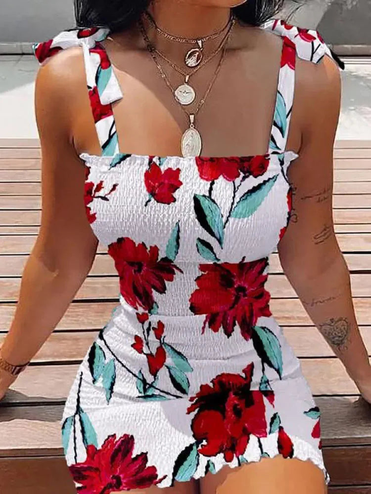 Sommer Sexy Bodycon Paket Hüften Wickelkleid Damen Casual Ärmelloses Schnürung Mode Blumen Mini Kleid Frau Skinny Sundress