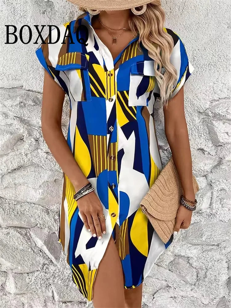 Abito estivo da donna Moda Geometri Stampato Abiti a maniche corte 2025 Party Elegante vestito estivo Casual Camicie con risvolto con bottoni Abito