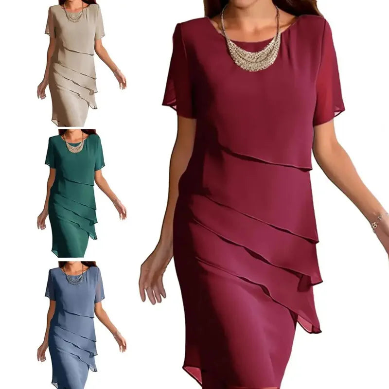 Abito da donna sottile con volant irregolare al ginocchio Abito da festa sottile estivo femminile in chiffon patchwork Abiti a maniche corte JYFS-1096