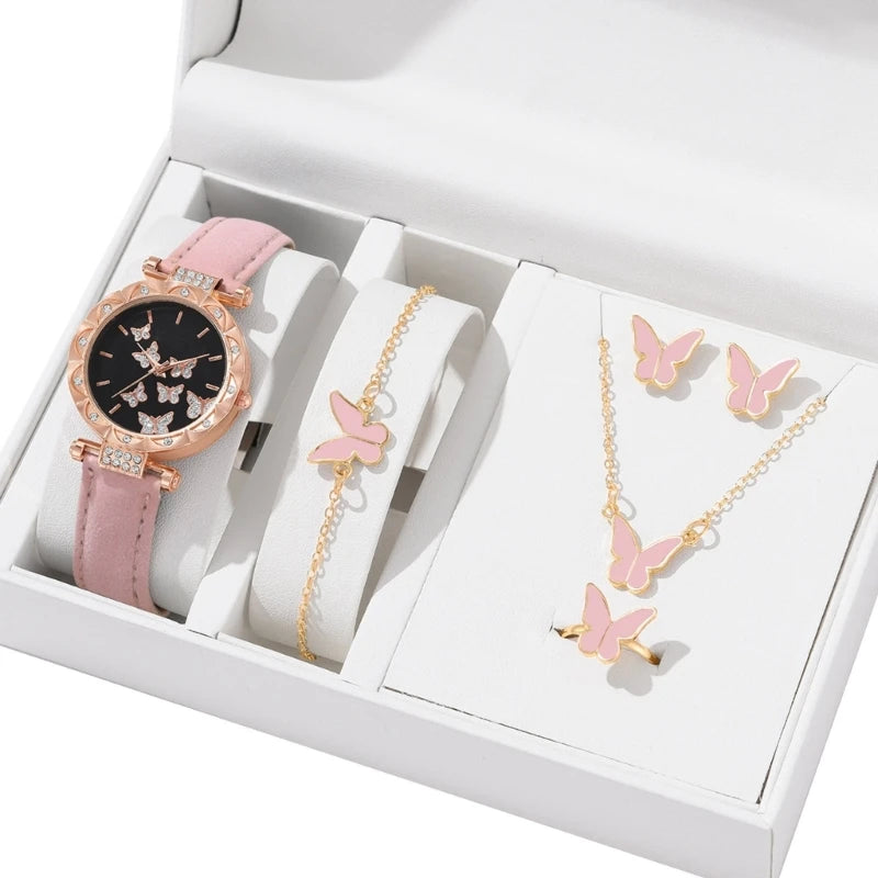 Set di gioielli a farfalla (senza scatola) orologi da donna anelli per orologi in pelle da donna collana orecchini bracciale regalo di nozze