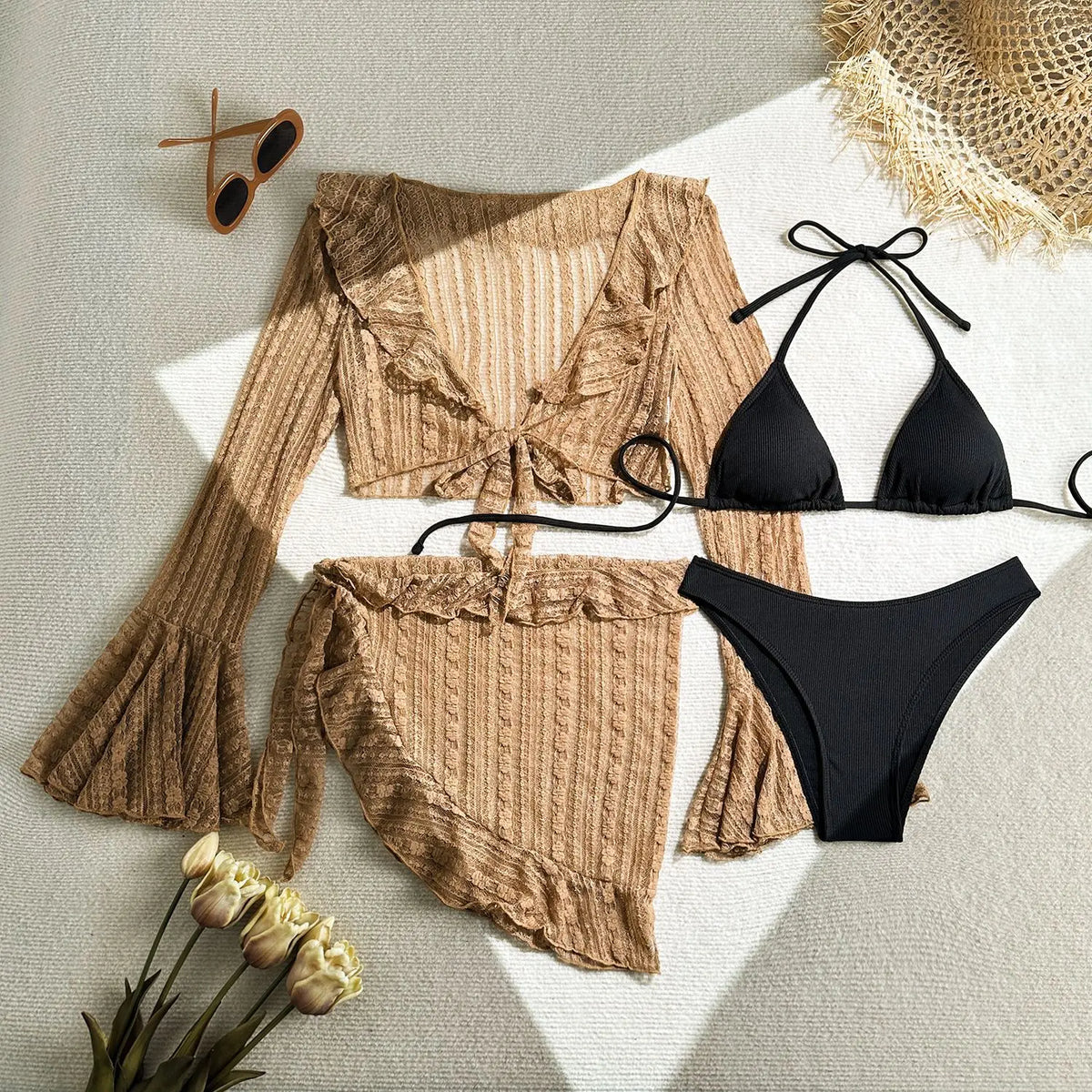 VigoCasey Sexy Set Bikini a 4 Pezzi in Rete con Copricostume, Costume da Bagno Donna 2026 con Halter Annodato e Push-Up, Costume da Spiaggia per Donna