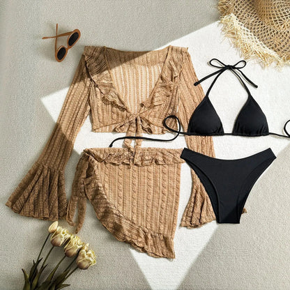 VigoCasey Sexy Set Bikini a 4 Pezzi in Rete con Copricostume, Costume da Bagno Donna 2026 con Halter Annodato e Push-Up, Costume da Spiaggia per Donna