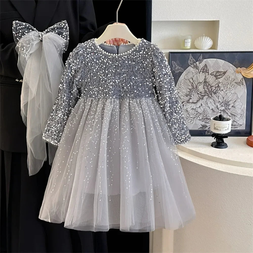 Abiti da ragazza Moda autunnale Nuova maglia patchwork con paillettes Abito da principessa a maniche lunghe Tinta unita Abbigliamento per bambini di Capodanno