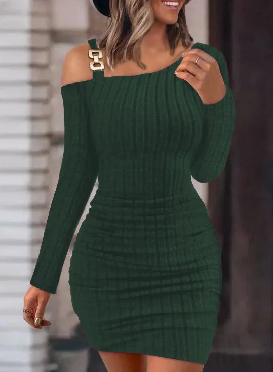 Abito sexy con spalle scoperte e collo inclinato a maniche lunghe per le donne Abiti da festa slim tinta unita autunno inverno alla moda femminile