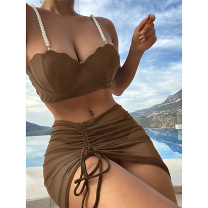 S - XL perle Bikini Push Up costume da bagno donna costumi da bagno donna Bikini a tre pezzi con reggiseno coppa bagnante costume da bagno Swim V4302