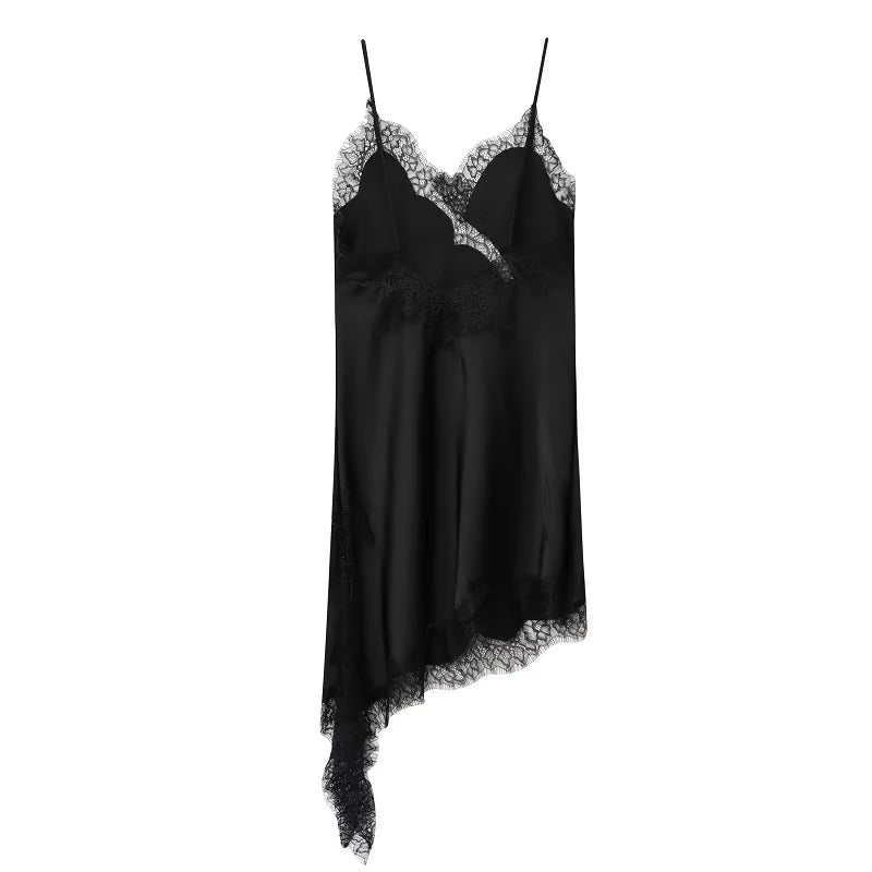MUJER Abito sottoveste in pizzo nero Abiti corti da festa in raso da donna per le donne Abiti da donna sexy senza schienale Mini abito da notte asimmetrico