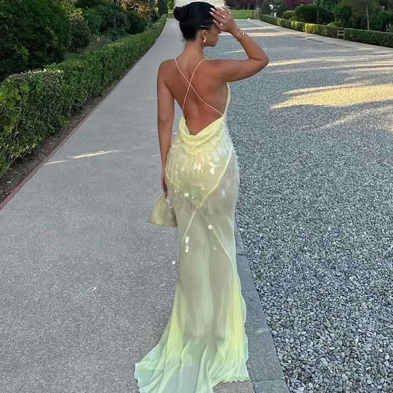 Abito da sera sexy a vita alta senza maniche vuoto 2025 Abiti casual con bretelle con spalle scoperte Abito da donna a sirena sottile con paillettes a V profondo