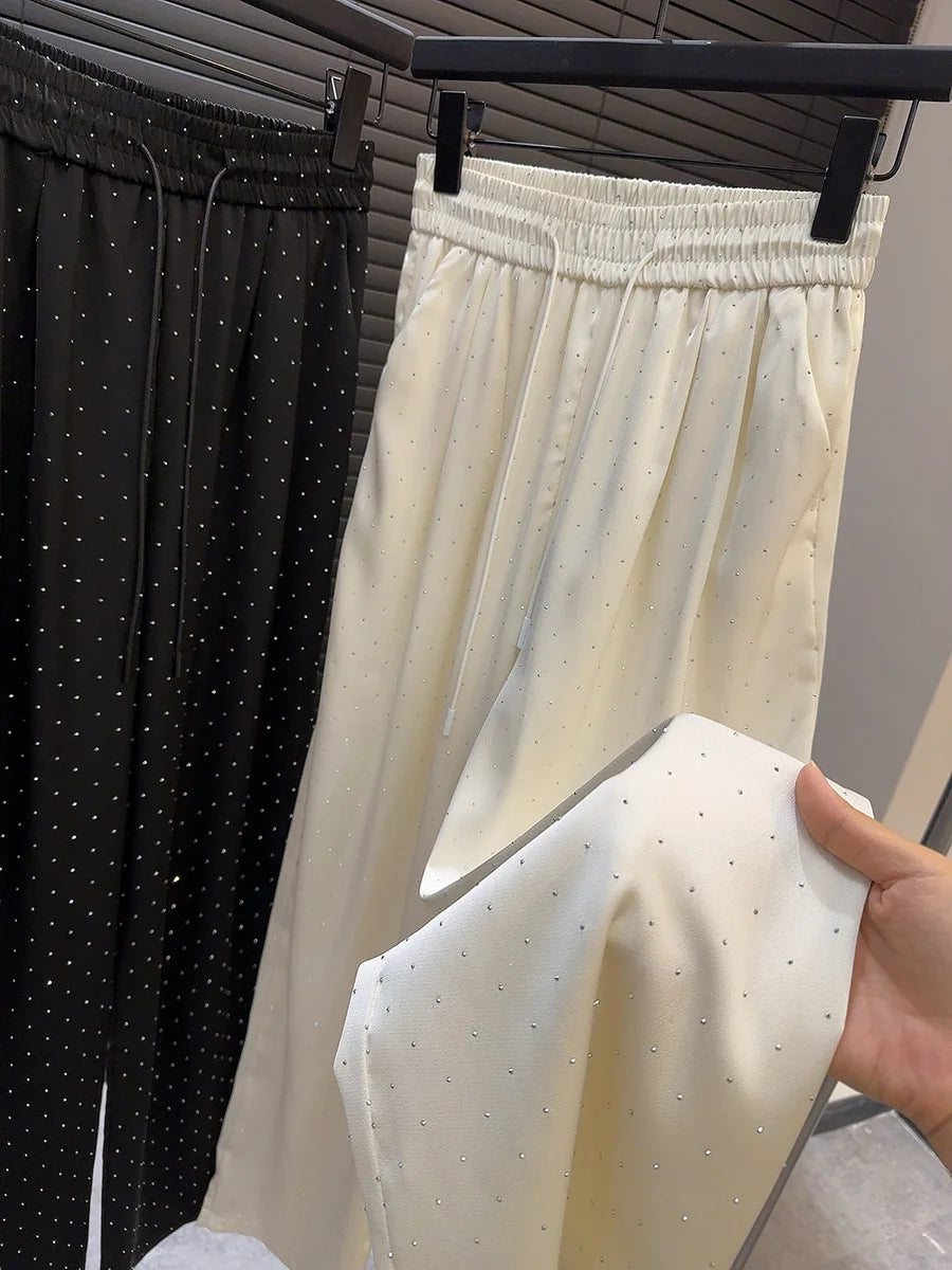 2026 Pantaloni a gamba larga con strass pieni di lusso di alta qualità Moda nuovi pantaloni dritti a vita alta con coulisse Pantaloni casual da donna