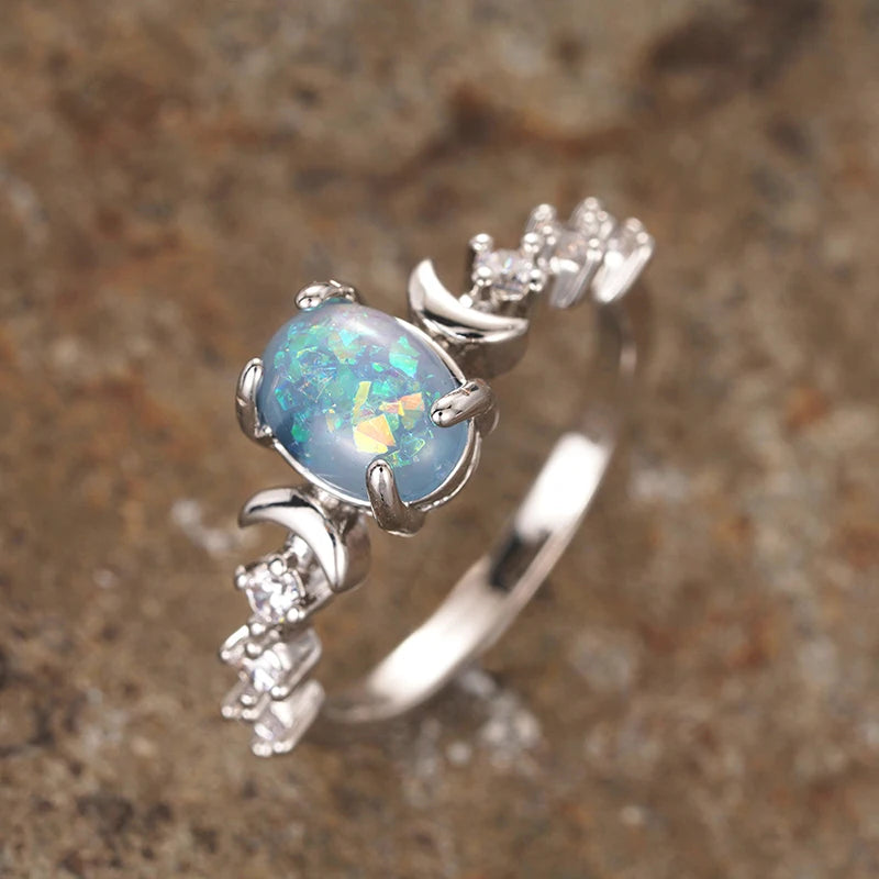 Huitan Anelli di luna opale imitazione blu/bianco per le donne Accessori da sposa estetici Gioielli di dichiarazione regalo di anniversario fantasia Hot