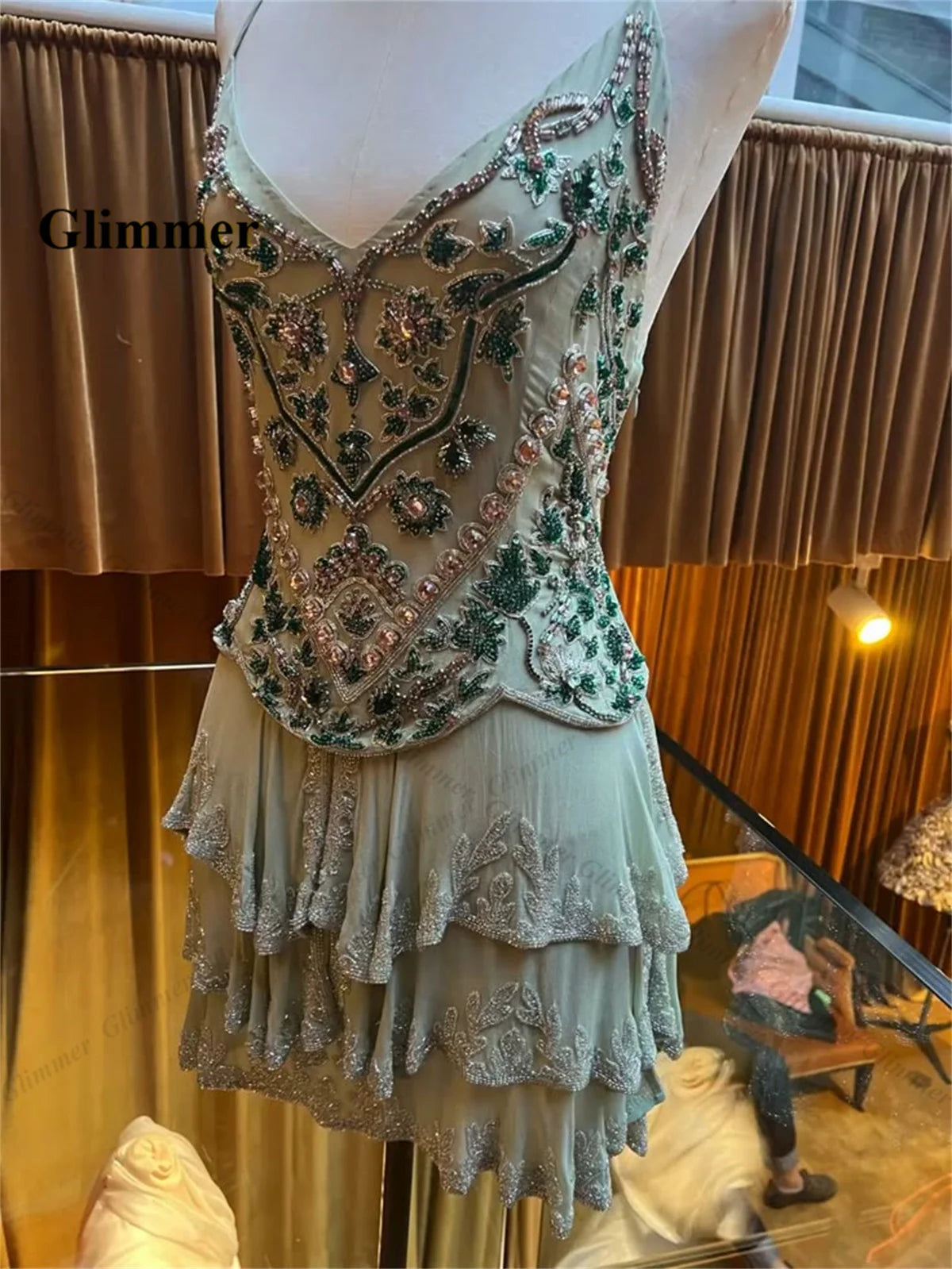 Glimmer Chic Mini abiti da cocktail a trapezio con strass Cinghie per spaghetti Abiti da festa corti Abito da festa formale personalizzato