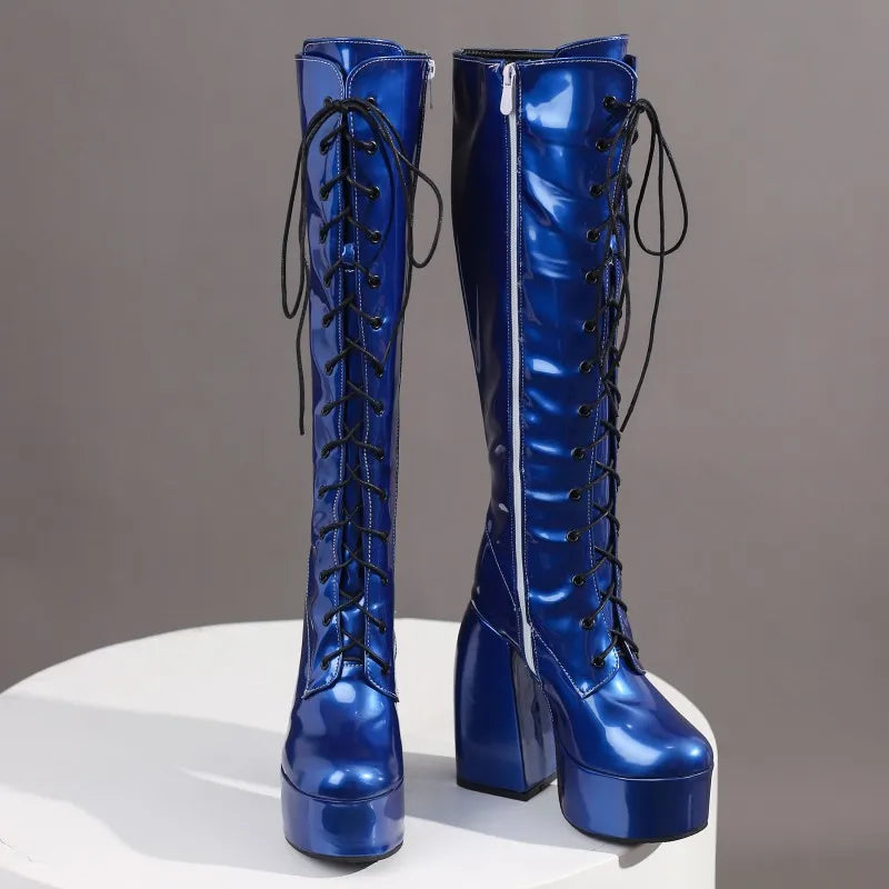 Sexy Lace Up Platform Long Boots Women Thick Gothic Heels High Knee Boot Winter Red Black Green Fetish Party Shoes Large Size 48