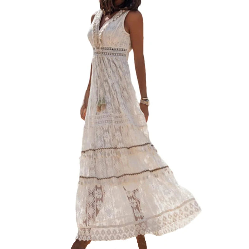 Women Summer Elegant Bohemian Maxi Dress Sleeveless Lace Trimmed Flared Dress Casual V-Neck Evening Party Long Dresses