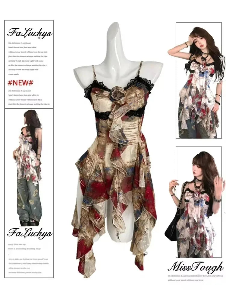 Sommer Vintage Spitze Design Unregelmäßige Rüschen Camisole Frauen Coquette 2000er Ästhetik Neckholder Tops Weiblich Sexy Gyaru Y2k Crop Tops