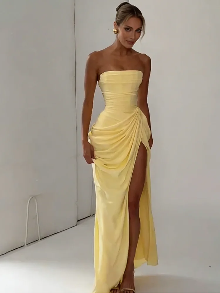 Elegante Abito Giallo Senza Spalline con Pieghe, Chic Senza Maniche, con Spacco e Vita Stretta, Vestito Lungo da Sera per Donna 2026
