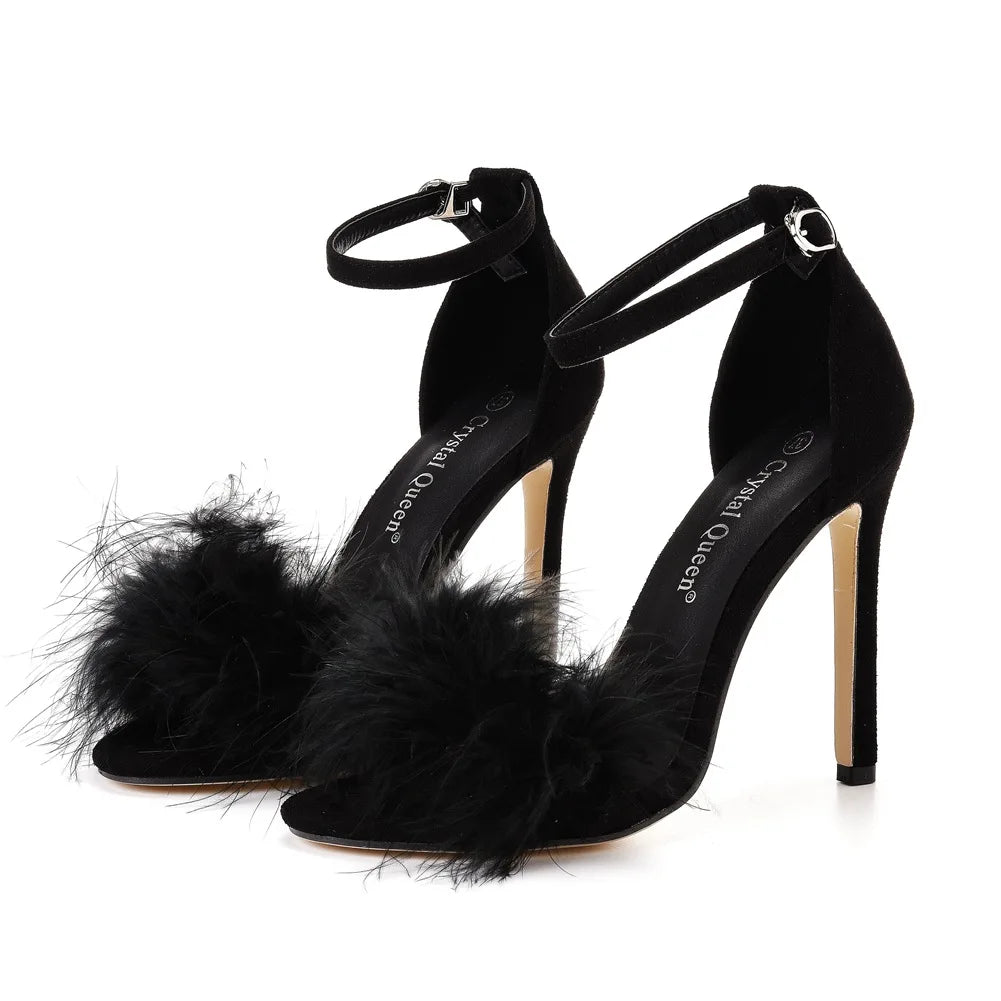 Sexy Feather High Heel Sandals Women's European  American Large 46 Fish Mouth High Heel Sandals Women Shallow Mouth Women's Shoe