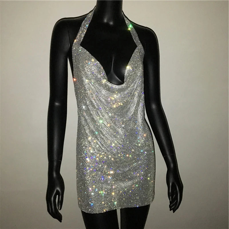 Mini abito sexy con scollo a V senza schienale per le donne Abiti da sera da club per feste con strass lucidi con scollo all'americana e spacco laterale