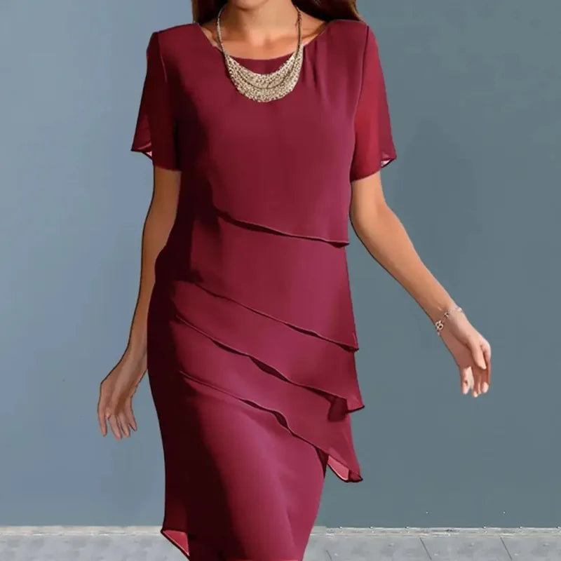 Abito da donna sottile con volant irregolare al ginocchio Abito da festa sottile estivo femminile in chiffon patchwork Abiti a maniche corte JYFS-1096