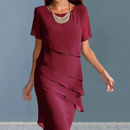 Abito da donna sottile con volant irregolare al ginocchio Abito da festa sottile estivo femminile in chiffon patchwork Abiti a maniche corte JYFS-1096