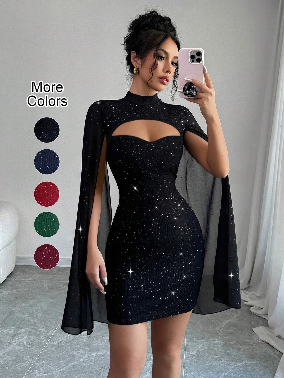 Mini abito a mantella con colletto alla coreana da donna sexy con paillettes scintillanti Club Party Night Out aderente aderente elegante autunno inverno
