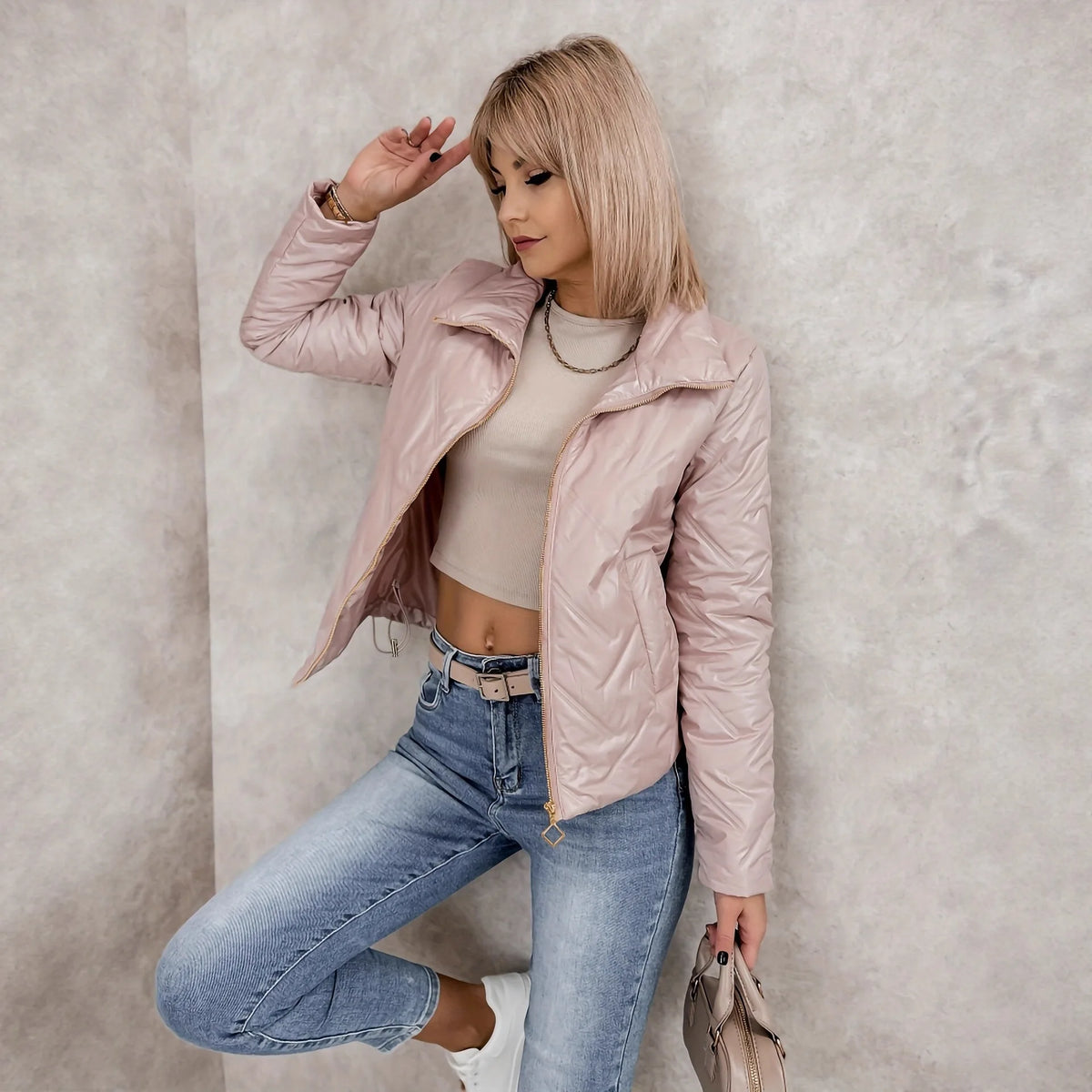 Abbigliamento donna 2025 Nuovo autunno e inverno Tinta unita a maniche lunghe Risvolto Elegante cerniera Giacca imbottita in cotone termico