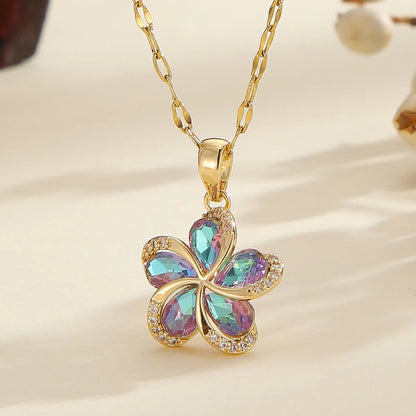 DIEYURO Collana con ciondolo fiori in zircone verde in acciaio inossidabile 316L per le donne Nuovi regali di gioielli di compleanno con catena fortunata per ragazze di lusso