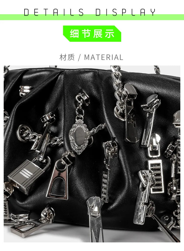 Borsa per ascelle con gnocchi increspato stile punk 2025 Borse a tracolla da donna con decorazione per la testa con cerniera multipla Borse Y2K per ragazza piccante