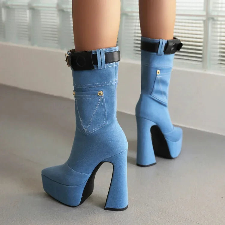 Denim Short Plush Boots Thick Bottom 15cm High Heel Pointed Elastic Size 34-45 Short Boots 2024 New Winter Women's Shoes