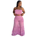 Damen Sommer Sexy Outfits 2-teiliges Boho-Hosen-Set, gerüscht, zweiteilig, Damen trägerloses Crop Tube Top und weite Hose